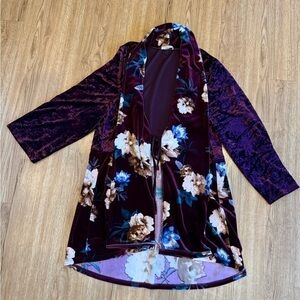 Cozy Casual Burgundy Velvet Floral Kimono Cardigan Duster Blazer